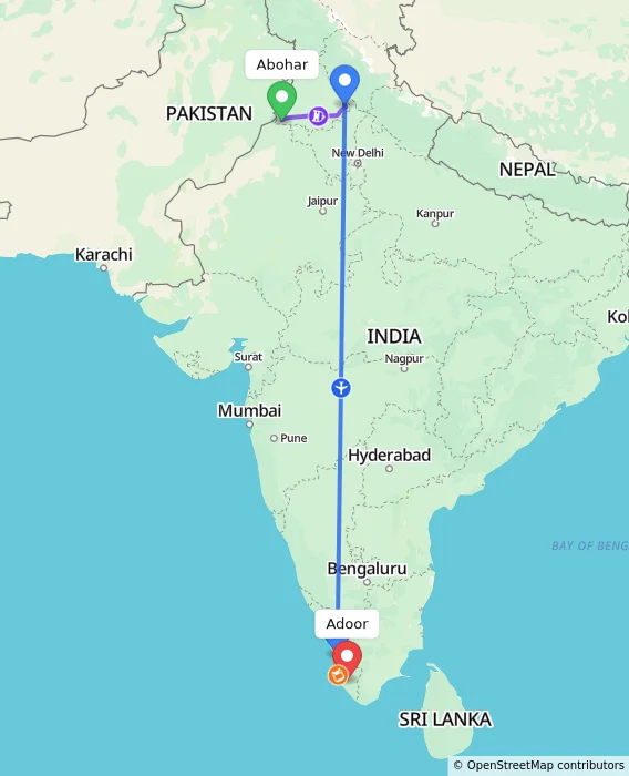 Route map showing distance and travel time from Abohar, India to Adoor, India