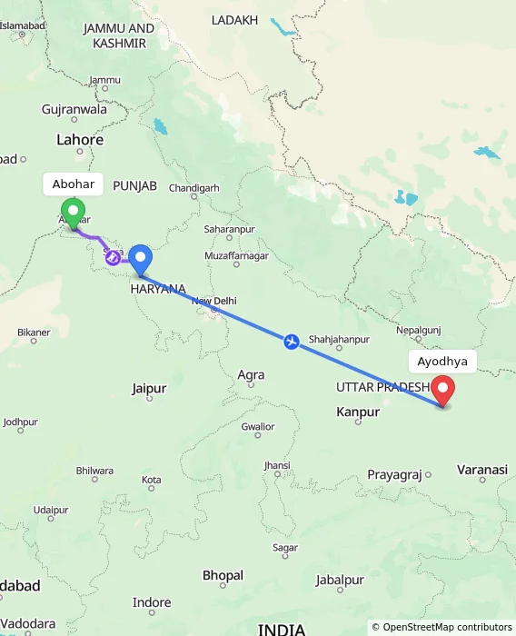 Route map showing distance and travel time from Abohar, India to Ayodhya, India