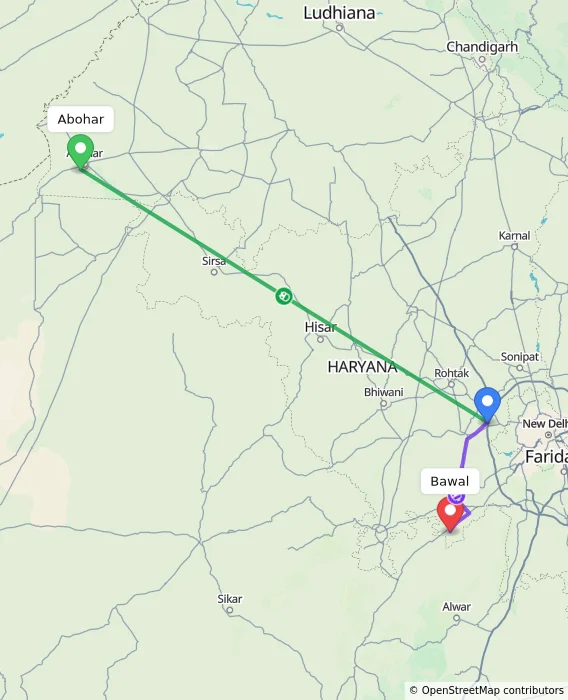 Route map showing distance and travel time from Abohar, India to Bawal, India