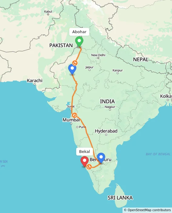Route map showing distance and travel time from Abohar, India to Bekal, India