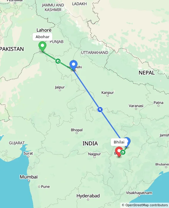 Route map showing distance and travel time from Abohar, India to Bhilai, India