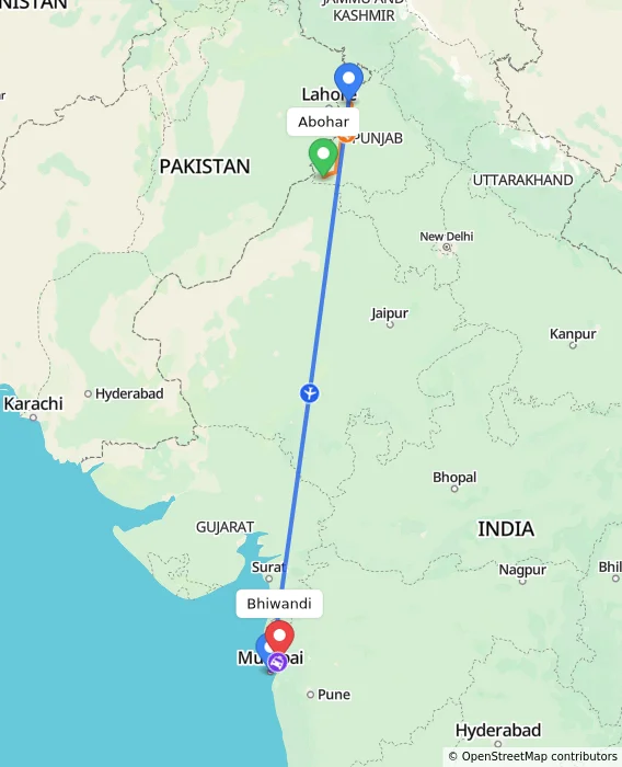 Route map showing distance and travel time from Abohar, India to Bhiwandi, India