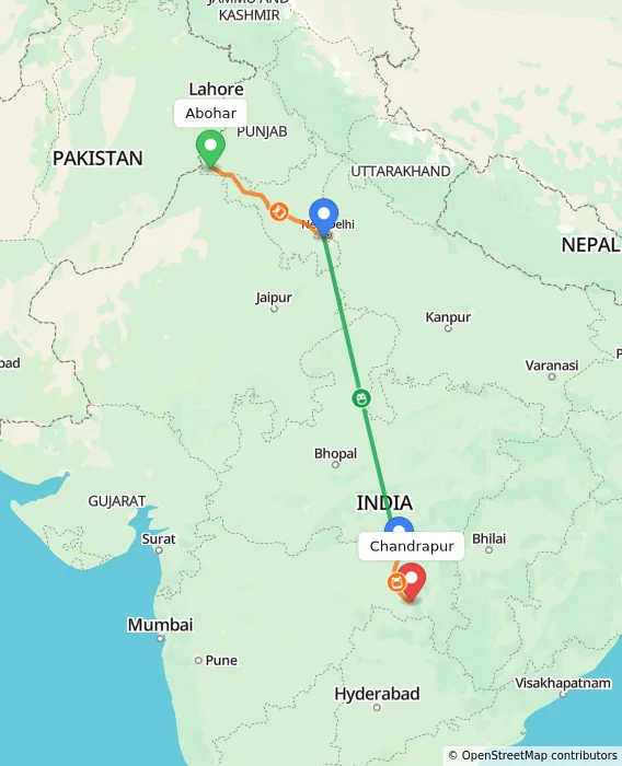 Route map showing distance and travel time from Abohar, India to Chandrapur, India