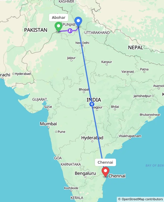 Route map showing distance and travel time from Abohar, India to Chennai, India