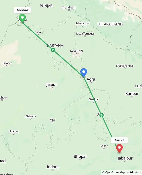 Route map showing distance and travel time from Abohar, India to Damoh, India