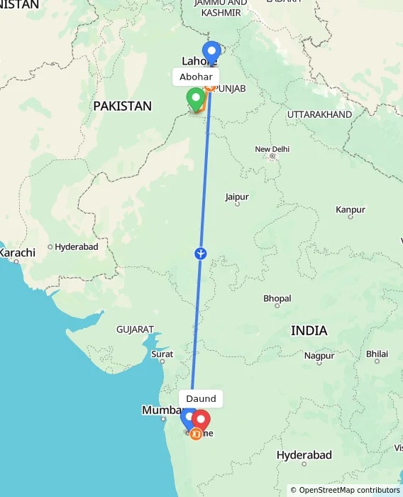 Route map showing distance and travel time from Abohar, India to Daund, India