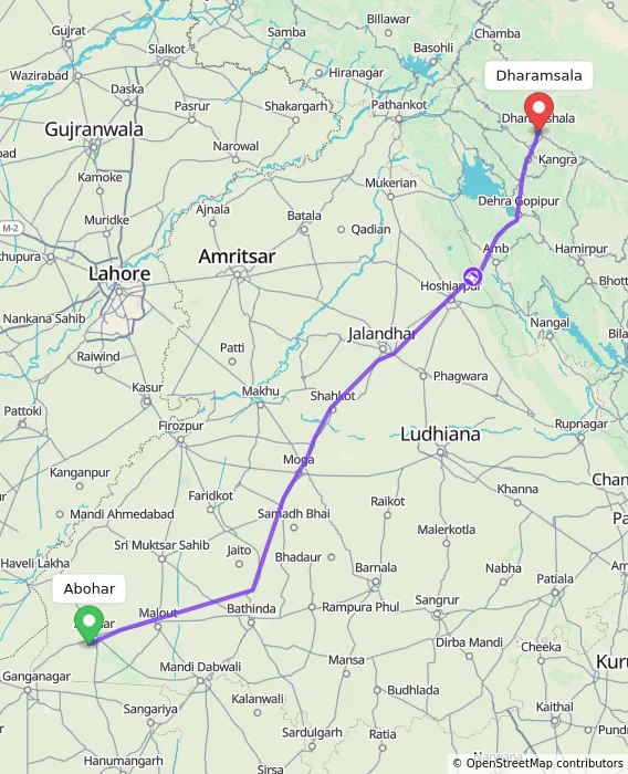 Route map showing distance and travel time from Abohar, India to Dharamsala, India