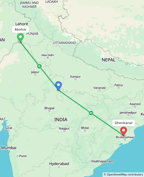 Route map showing distance and travel time from Abohar, India to Dhenkanal, India