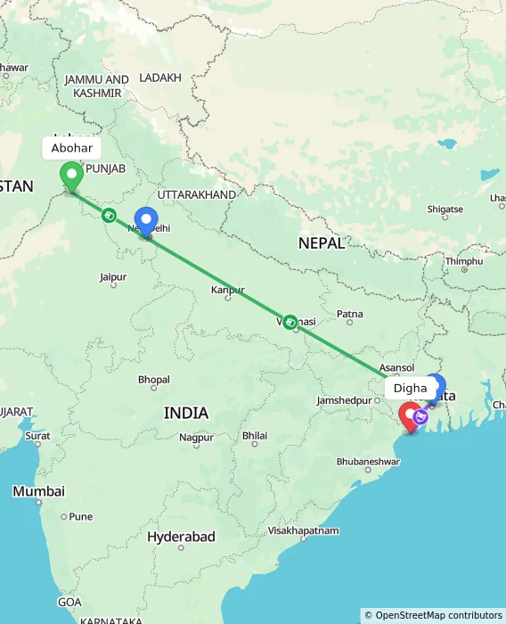 Route map showing distance and travel time from Abohar, India to Digha, India