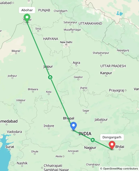 Route map showing distance and travel time from Abohar, India to Dongargarh, India