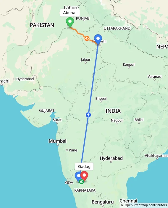 Route map showing distance and travel time from Abohar, India to Gadag, India