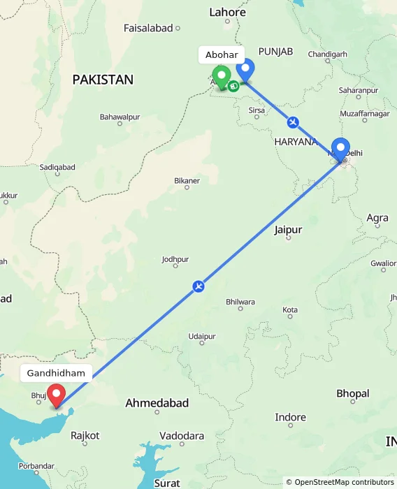 Route map showing distance and travel time from Abohar, India to Gandhidham, India