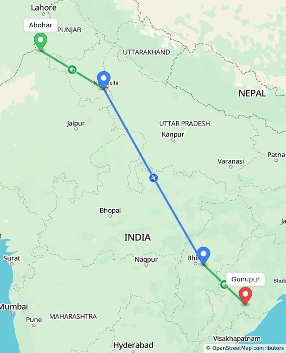 Route map showing distance and travel time from Abohar, India to Gunupur, India
