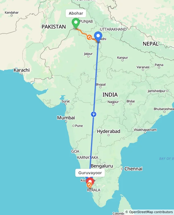 Route map showing distance and travel time from Abohar, India to Guruvayoor, India