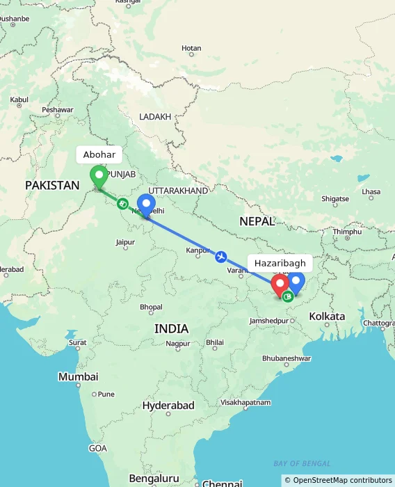 Route map showing distance and travel time from Abohar, India to Hazaribagh, India