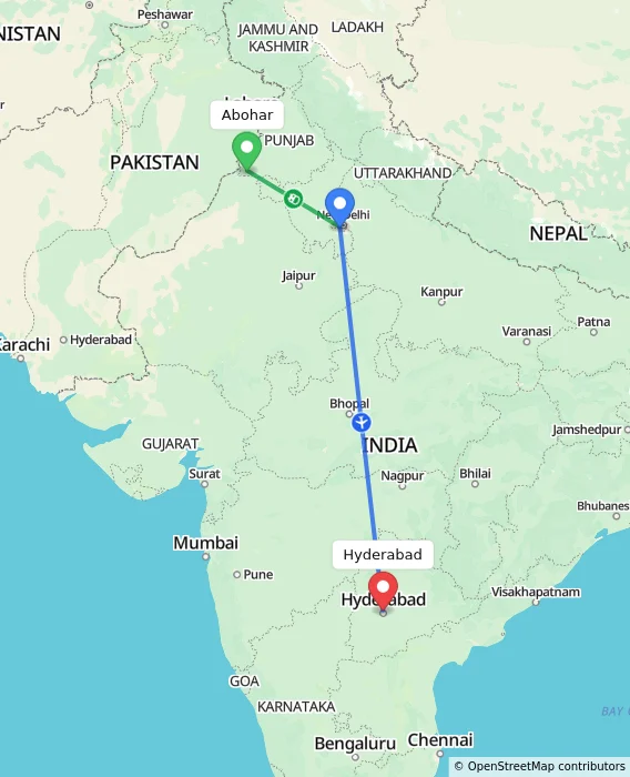 Route map showing distance and travel time from Abohar, India to Hyderabad, India