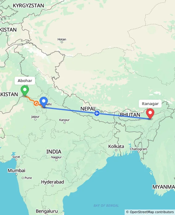 Route map showing distance and travel time from Abohar, India to Itanagar, India