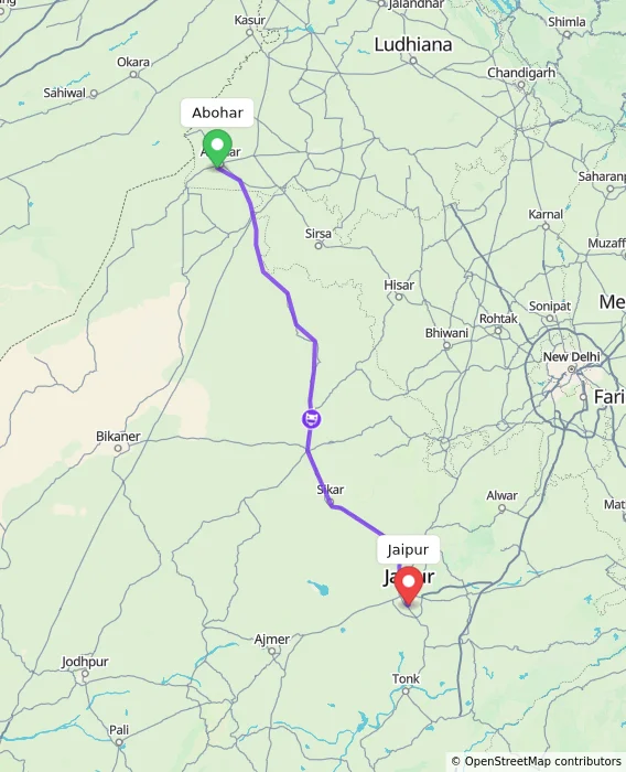 Route map showing distance and travel time from Abohar, India to Jaipur, India