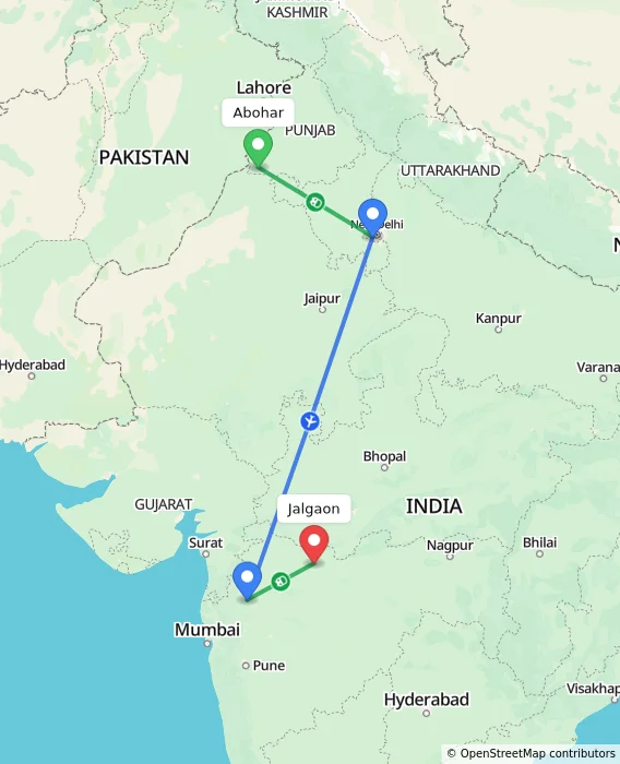 Route map showing distance and travel time from Abohar, India to Jalgaon, India