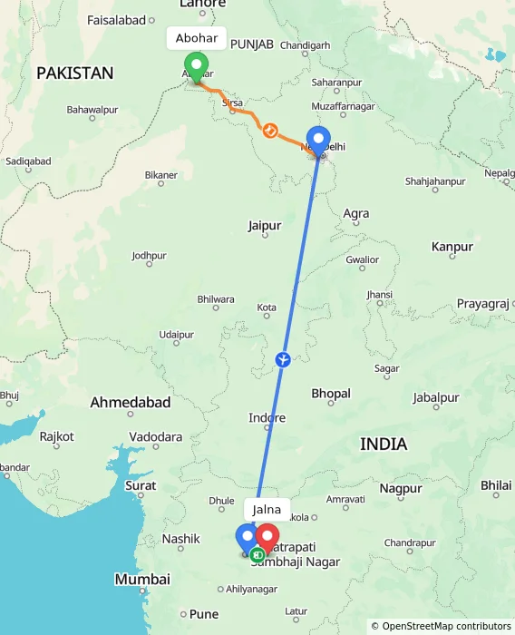 Route map showing distance and travel time from Abohar, India to Jalna, India