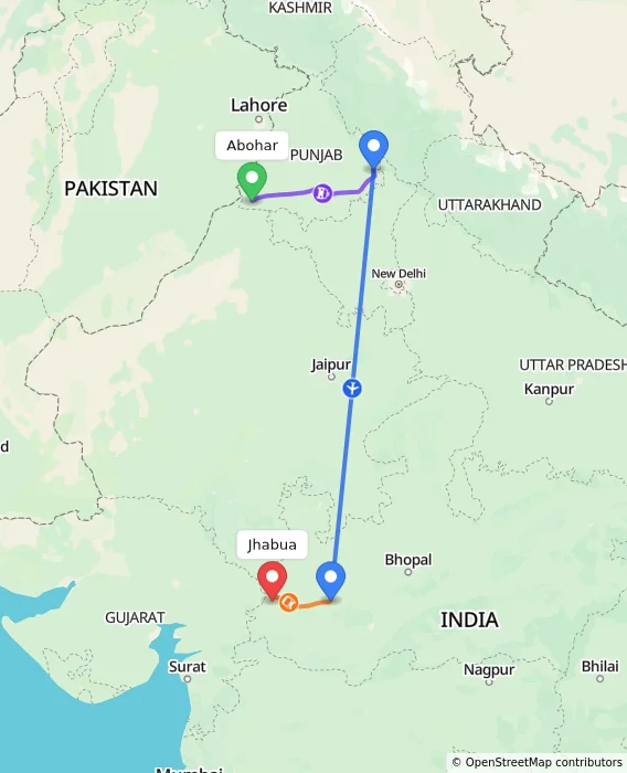 Route map showing distance and travel time from Abohar, India to Jhabua, India