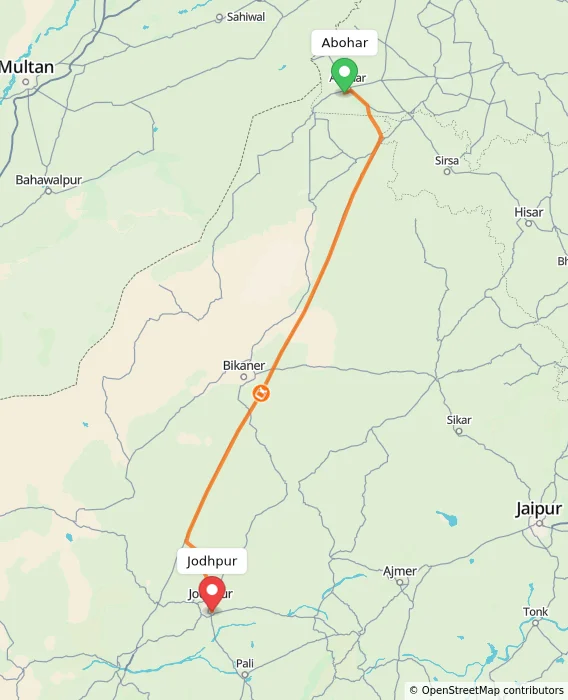 Route map showing distance and travel time from Abohar, India to Jodhpur, India