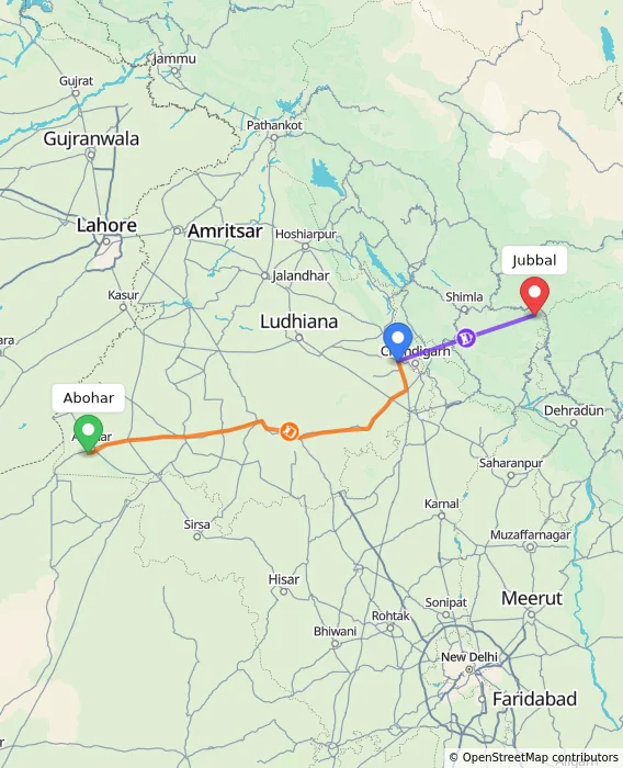 Route map showing distance and travel time from Abohar, India to Jubbal, India