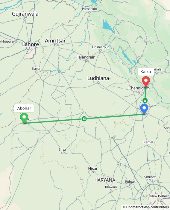 Route map showing distance and travel time from Abohar, India to Kalka, India