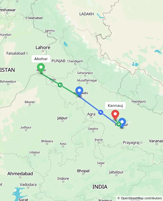 Route map showing distance and travel time from Abohar, India to Kannauj, India