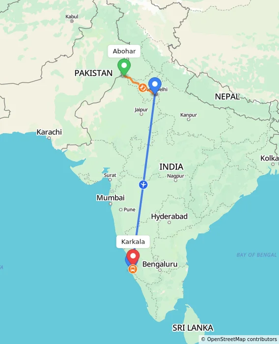 Route map showing distance and travel time from Abohar, India to Karkala, India