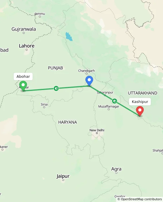 Route map showing distance and travel time from Abohar, India to Kashipur, India
