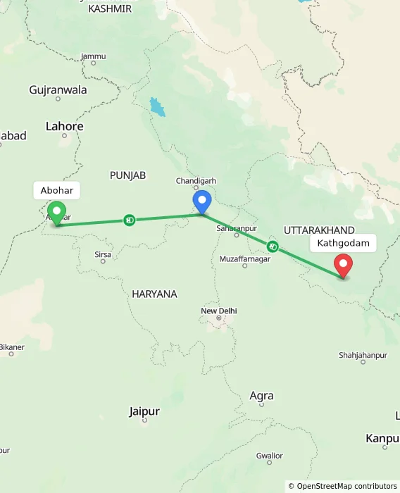 Route map showing distance and travel time from Abohar, India to Kathgodam, India