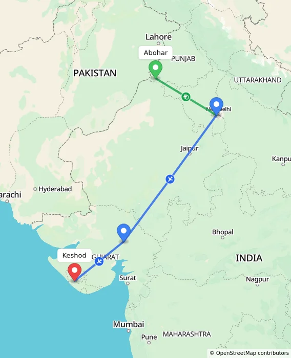 Route map showing distance and travel time from Abohar, India to Keshod, India