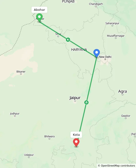 Route map showing distance and travel time from Abohar, India to Kota, India
