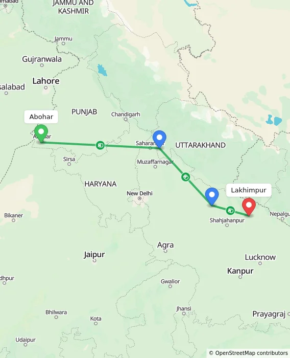 Route map showing distance and travel time from Abohar, India to Lakhimpur, India