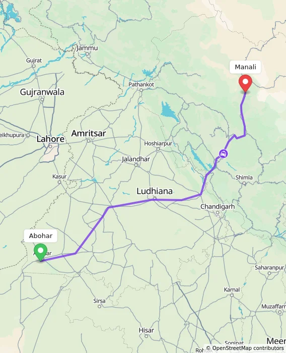 Route map showing distance and travel time from Abohar, India to Manali, India