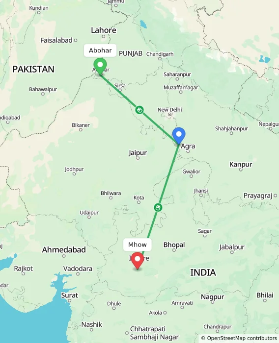 Route map showing distance and travel time from Abohar, India to Mhow, India