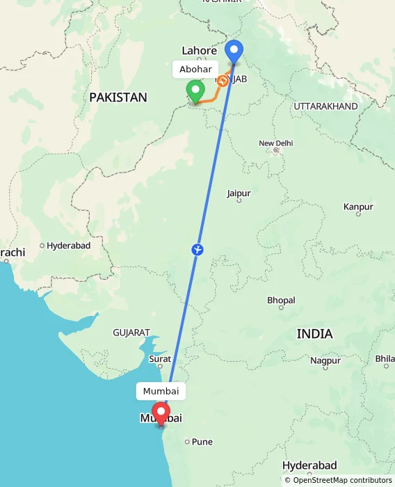 Route map showing distance and travel time from Abohar, India to Mumbai, India