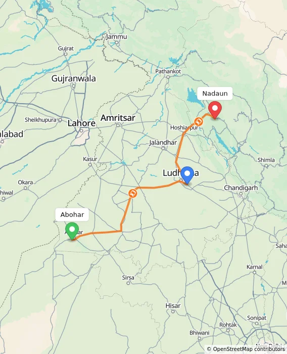 Route map showing distance and travel time from Abohar, India to Nadaun, India