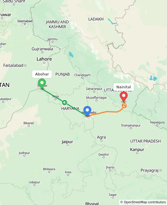Route map showing distance and travel time from Abohar, India to Nainital, India