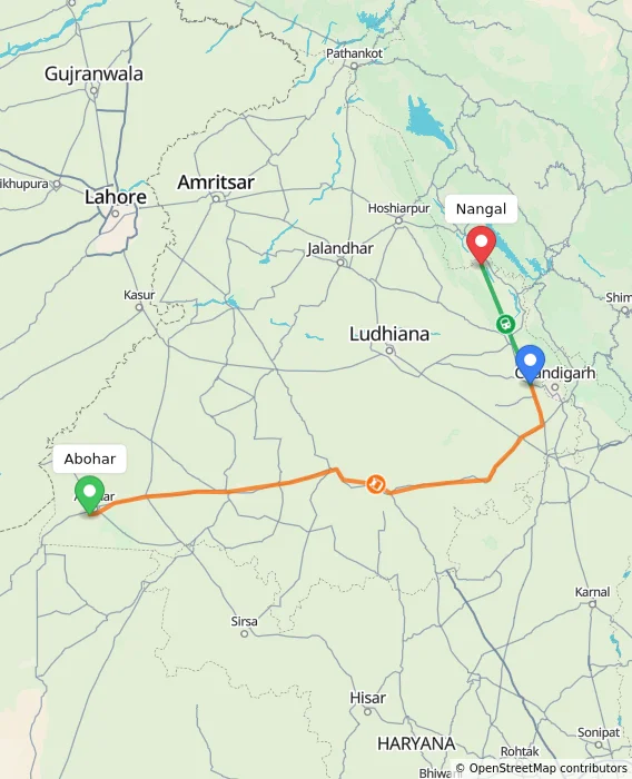 Route map showing distance and travel time from Abohar, India to Nangal, India