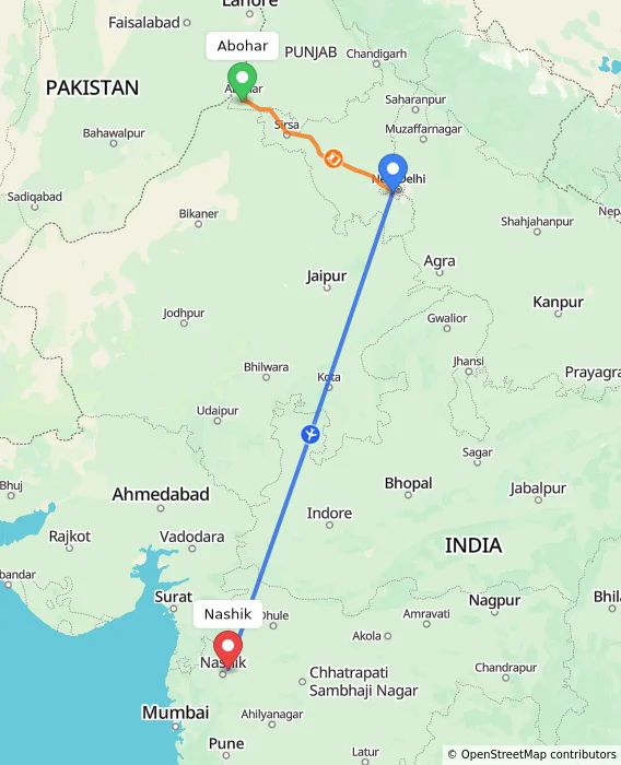 Route map showing distance and travel time from Abohar, India to Nashik, India