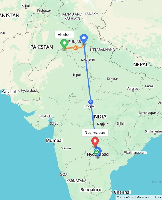 Route map showing distance and travel time from Abohar, India to Nizamabad, India