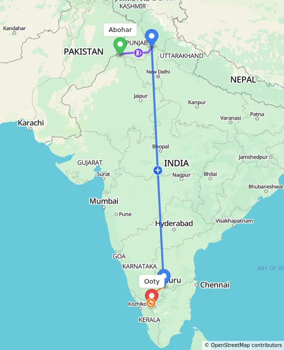 Route map showing distance and travel time from Abohar, India to Ooty, India