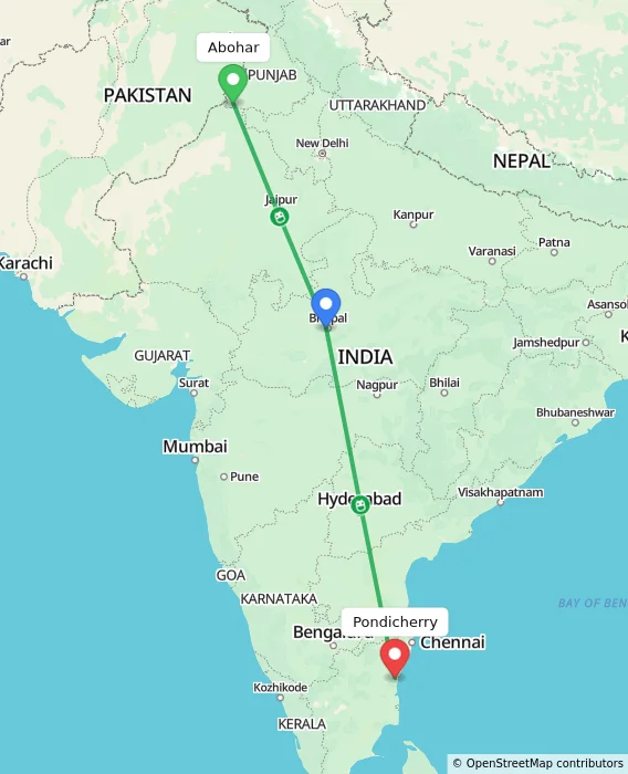 Route map showing distance and travel time from Abohar, India to Puducherry, India
