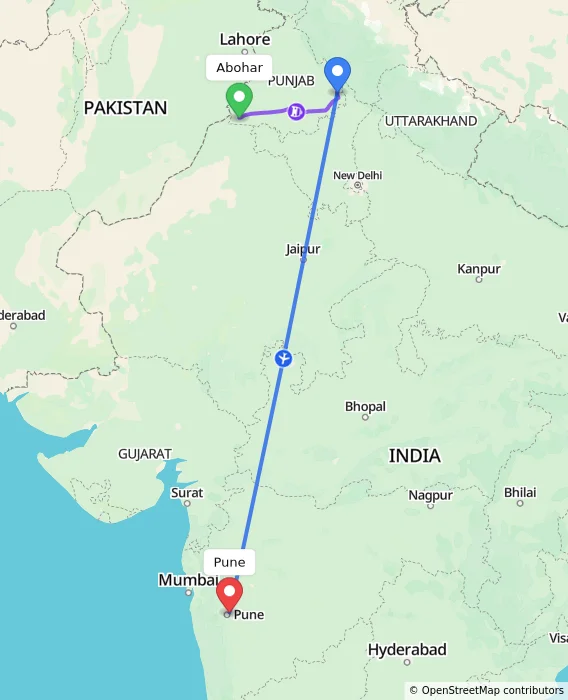 Route map showing distance and travel time from Abohar, India to Pune, India
