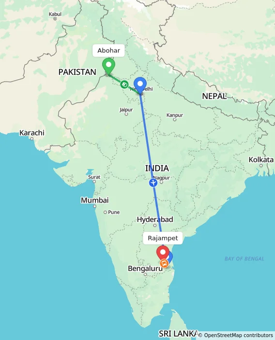Route map showing distance and travel time from Abohar, India to Rajampet, India