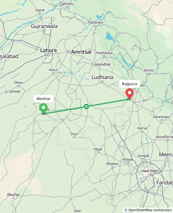 Route map showing distance and travel time from Abohar, India to Rajpura, India