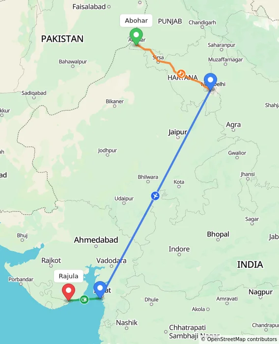 Route map showing distance and travel time from Abohar, India to Rajula, India