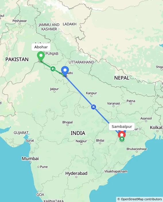 Route map showing distance and travel time from Abohar, India to Sambalpur, India